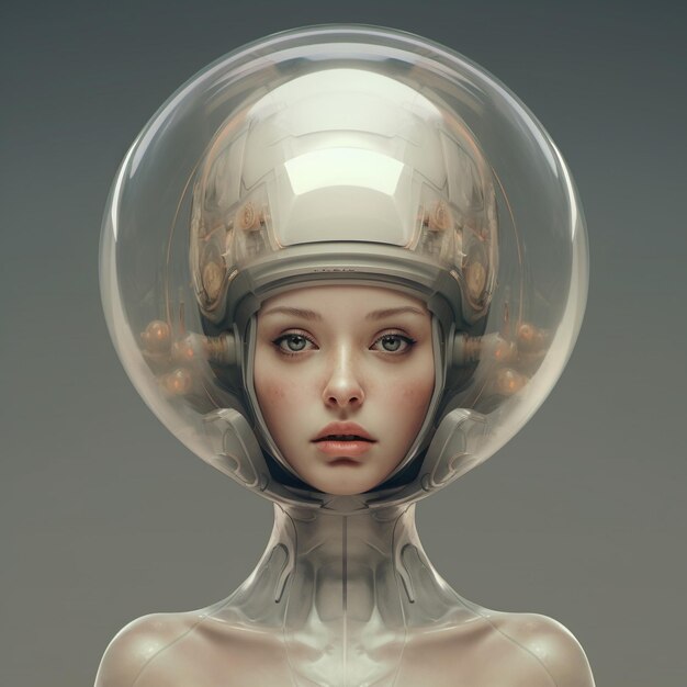 A woman with a white head and a large bubble cap that says quot alien quot