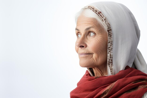 a woman with a white head scarf and a red scarf