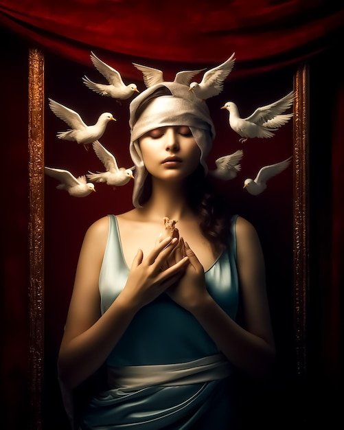 Женщина с белой повязкой на голове и синем платье с птицами.