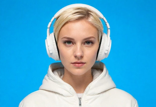 a woman with white headphones and a blue background