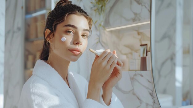 Photo a woman with a white makeup on her face is looking at her makeup