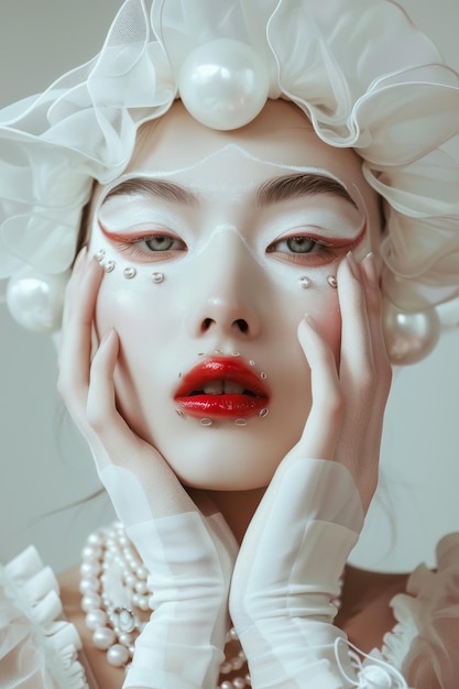 Woman With White Makeup and Pearls on Her Face Generative AI