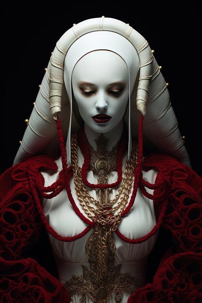 Foto una donna con una maschera bianca e un vestito rosso ha una catena d'oro al collo