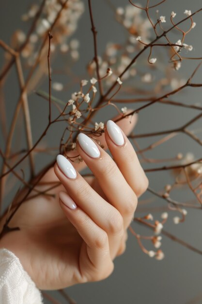 Фото Женщина с белыми ногтями, держащая ветвь