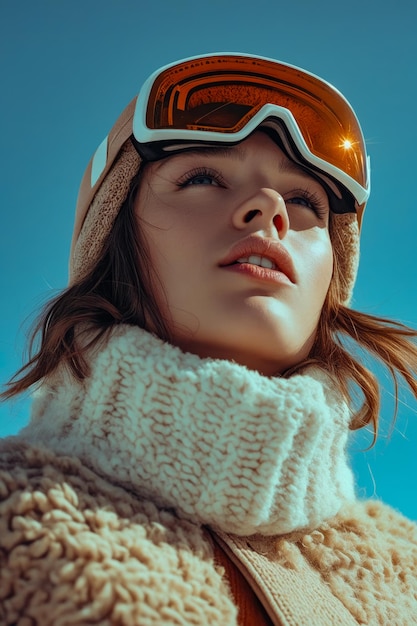 Woman with white and orange snowsuit on her head and sunglasses over her eyes