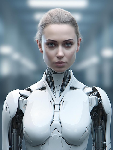 Foto una donna con un robot bianco che dice 