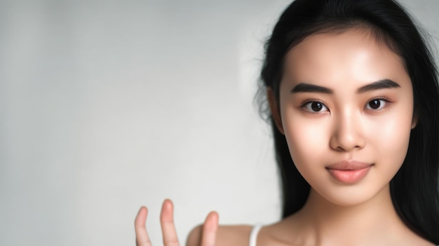 Photo a woman with a white shirt and black hair stands in front of a white background.