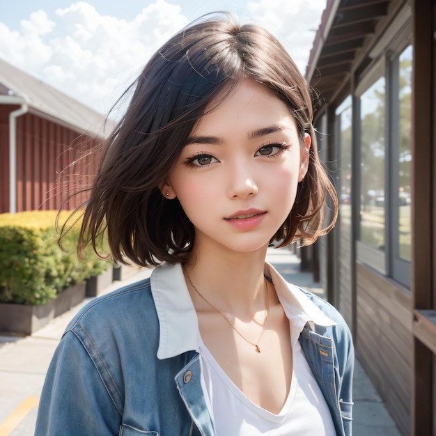 A woman with a white shirt and a denim jacket on a sidewalk with a building in the background and a