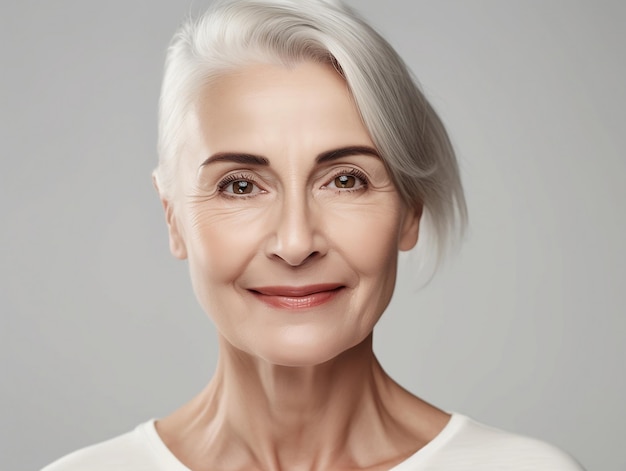 A woman with a white shirt and gray hair.