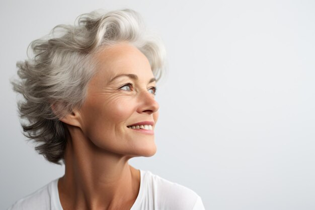 a woman with a white shirt and a gray hair