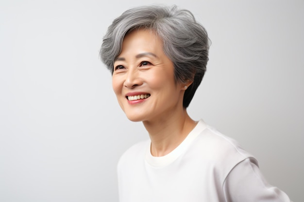 a woman with a white shirt smiling and looking at the camera