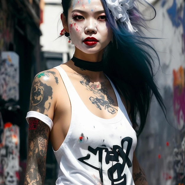 Женщина в белой рубашке с надписью «китайский»
