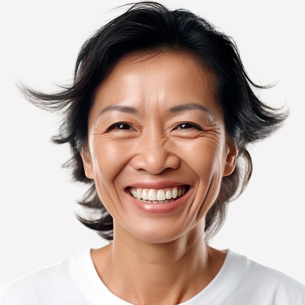 A woman with a white shirt that says'i'm a happy woman '