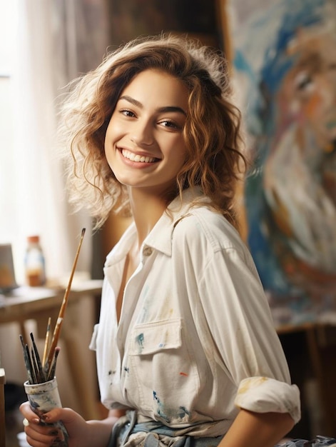 Photo a woman with a white shirt that says  she is holding a pencil