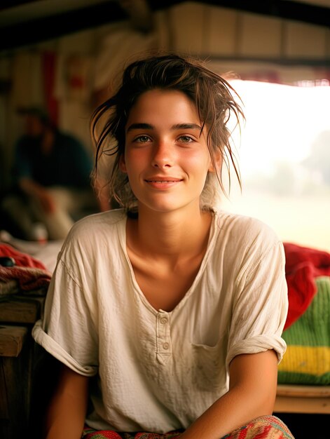 a woman with a white shirt that says  she is smiling