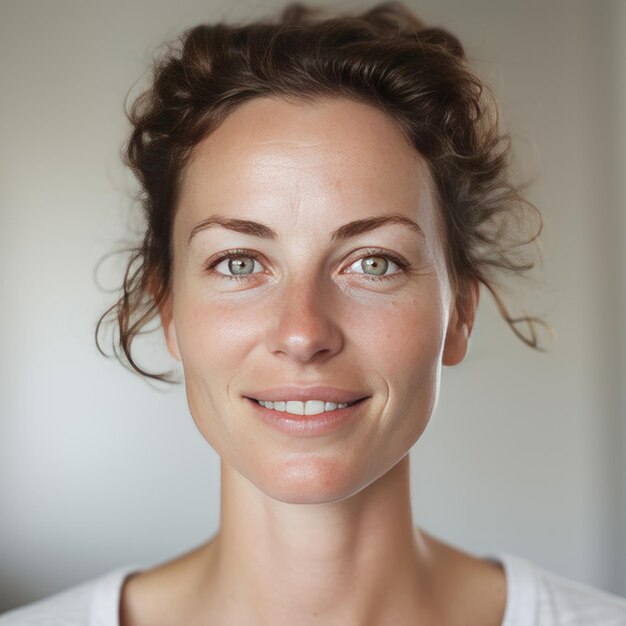 a woman with a white shirt that says " she is smiling ".