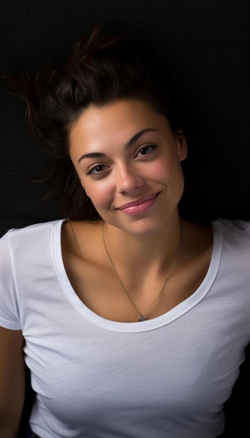 a woman with a white shirt that says " smile ".