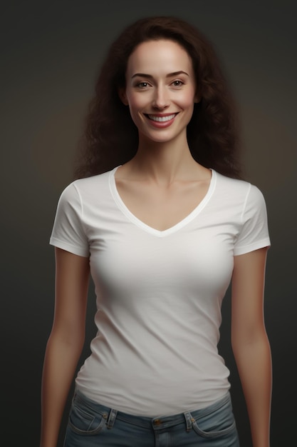 A woman with a white shirt that says't shirt'on it