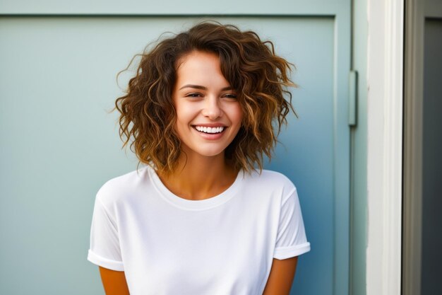 Foto donna con camicia bianca e camicia bianco sorridente ai generativa