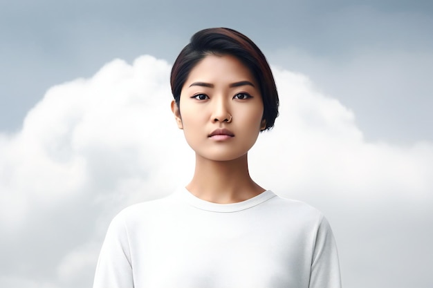 A woman with a white shirt and a white shirt stands in front of a cloudy sky.