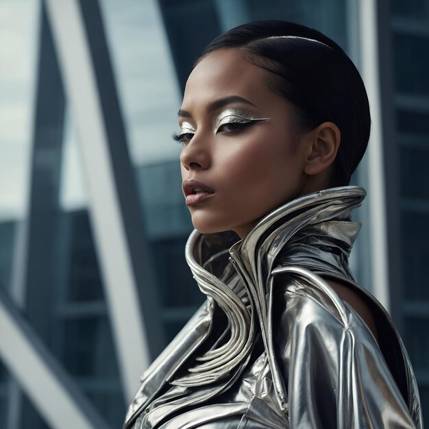 Photo a woman with a white skin and a silver neck that has a pattern on it