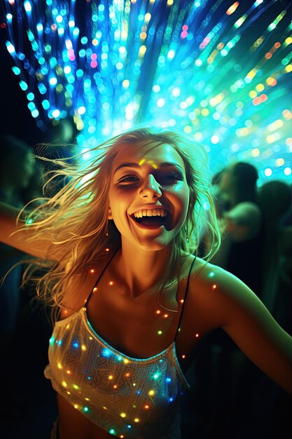 a woman with a white tank top and a light on her shirt