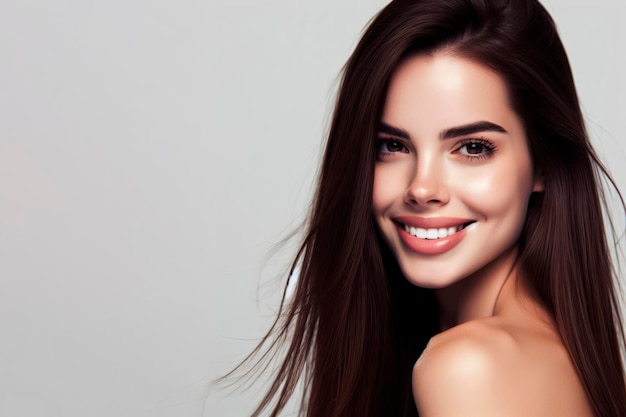 woman with white teeth smile healthy long hair and beauty skin copy space ai generative