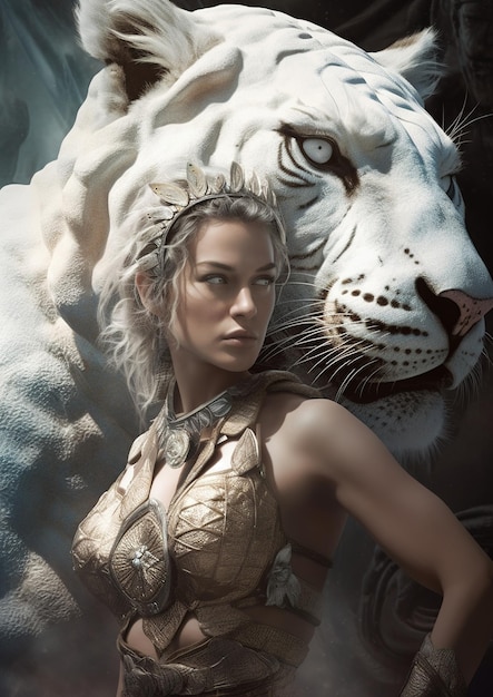 A woman with a white tiger