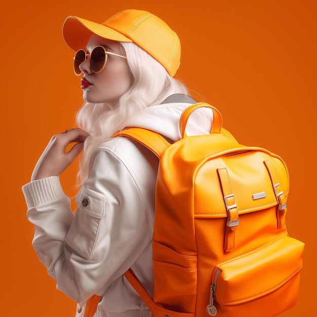 A woman with a white wig and sunglasses and a yellow backpack