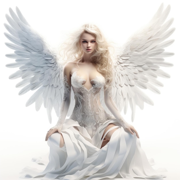 a woman with white wings and a white angel on her back.