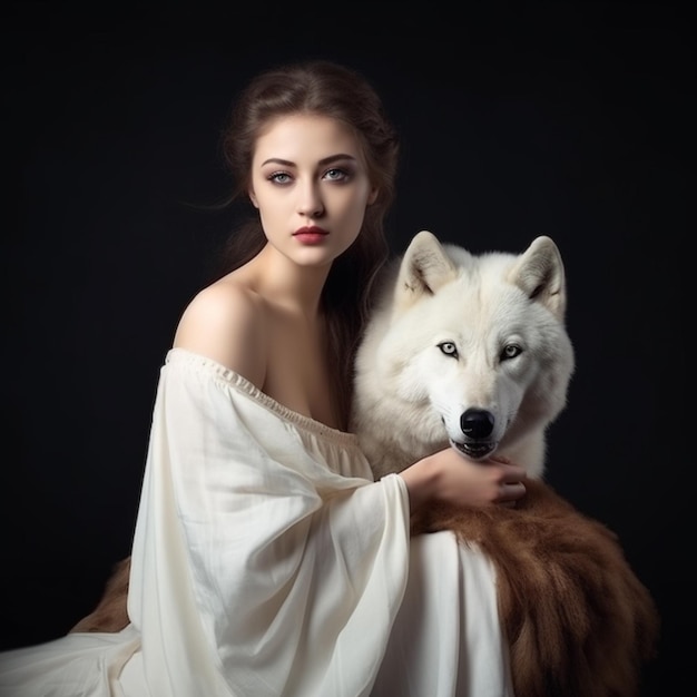 A woman with a white wolf on her shoulder