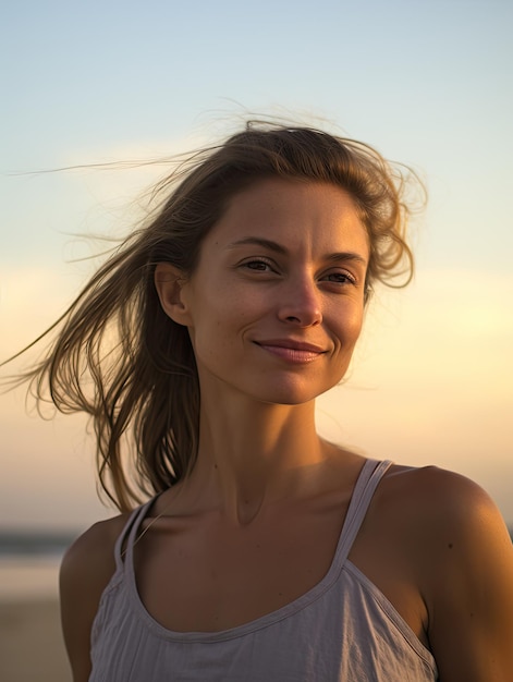 A woman with wind blowing hair