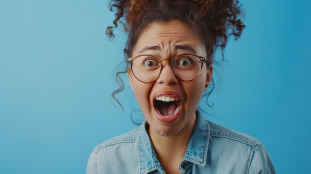 Photo a woman with windswept hair comically frozen in a loud scream against a blue background