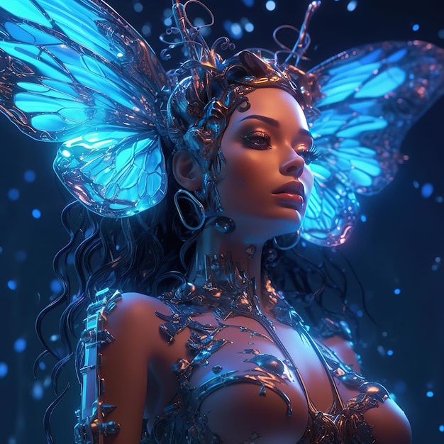 A woman with wings and a blue background with lights