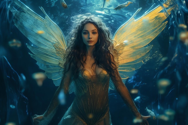 A woman with wings and a fairy in the water