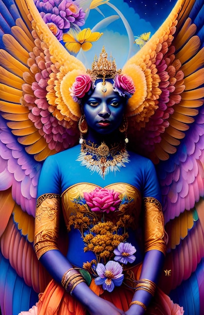 A woman with wings and a flower on her head is posing for a photo.