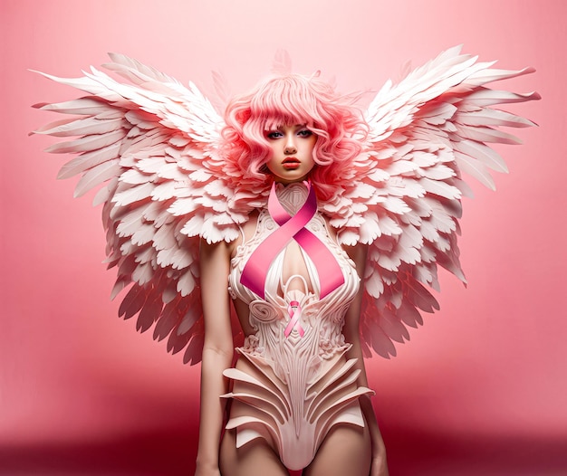 Woman with wings and pink ribbon supporting symbol of breast cancer awareness campaign