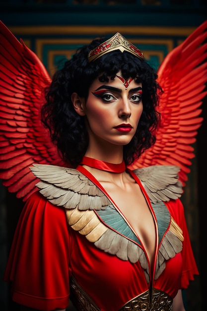 A woman with wings and a red outfit with the word angel on it.