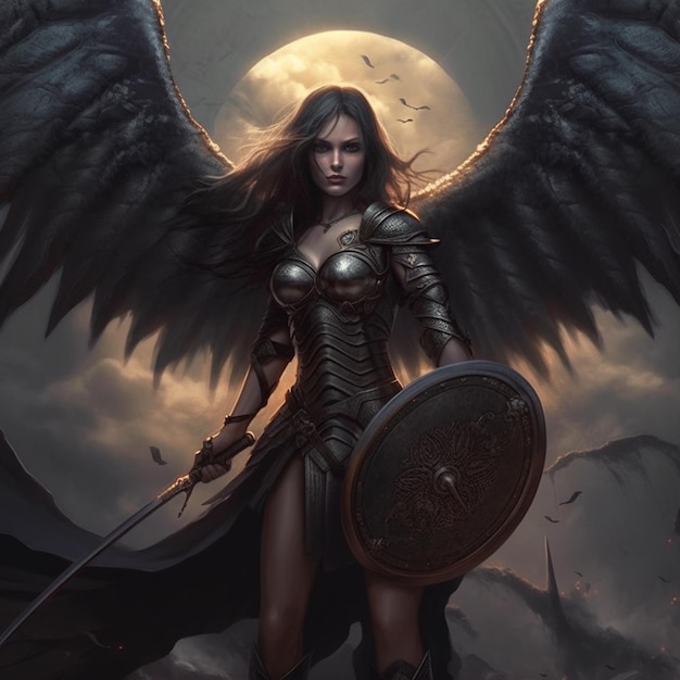 a woman with wings and a shield stands in front of a full moon generative ai