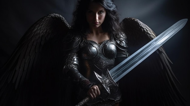 A woman with wings and a sword in the dark