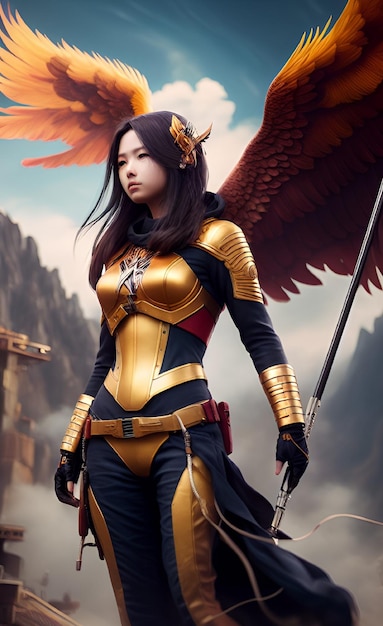 A woman with wings and a sword stands in front of a cloudy sky.