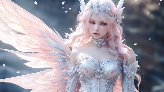 A woman with wings and a white dress with a pink feather on her head.