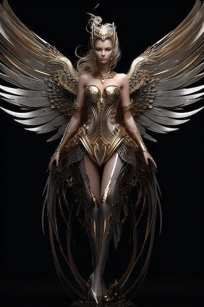 날개와 날개를 가진 여자가 검은 배경 앞에 서 있습니다.