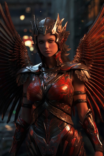 A woman with wings and wings stands in a dark room.
