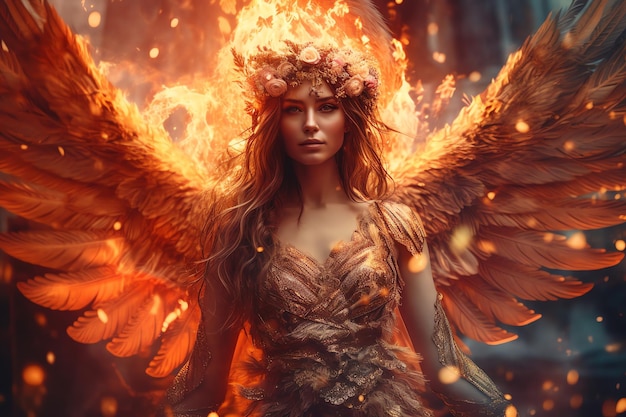 A woman with wings and a wreath on her head stands in front of a fire.