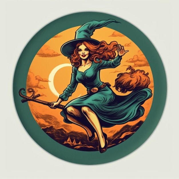 a woman with a witch flying a broom in a circle.