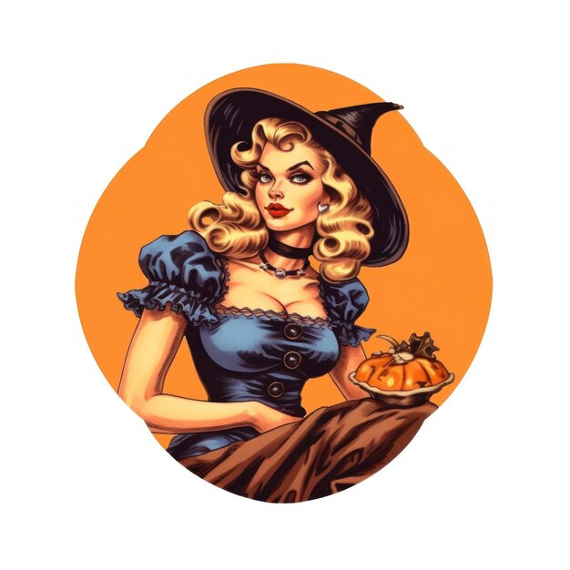 a woman with a witch hat and a pumpkin.