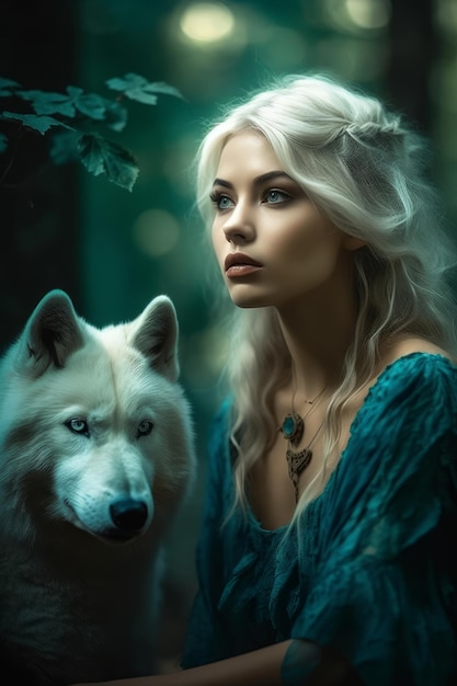 狼と青い目をした女性