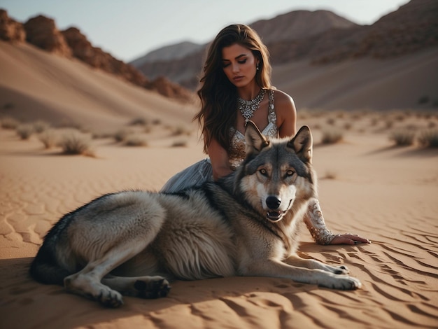 a woman with a wolf on her chest sits in the desert