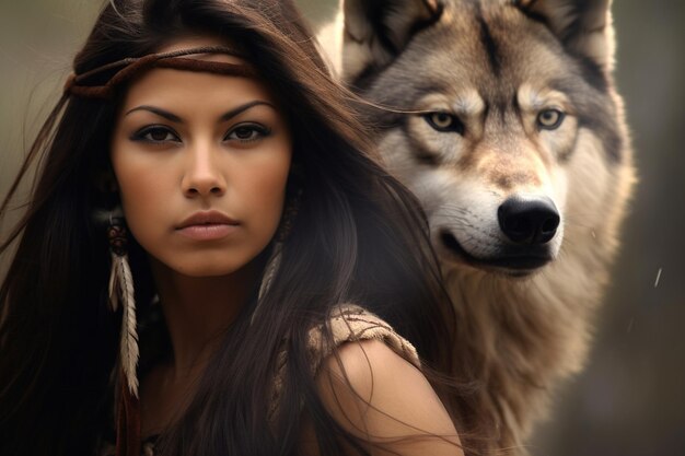 a woman with a wolf in her hair and a wolf in the background